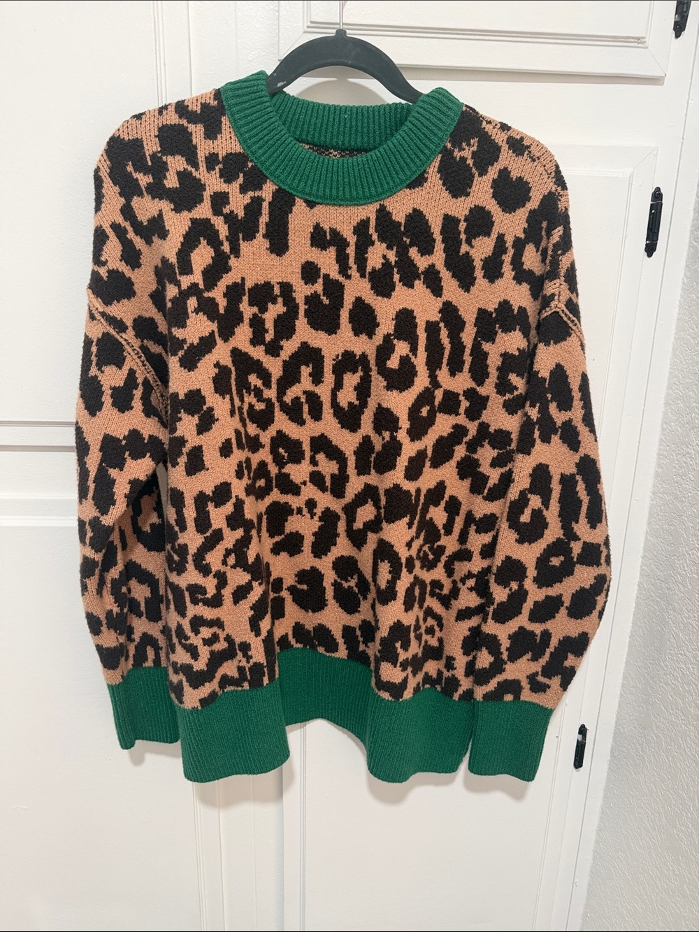 aerie Leopard Crewneck Sweater with Green Trim